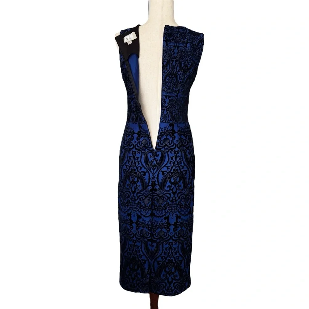 eci‎ Y2K velvet burnout blue black Sleeveless midi Dress elegant sheath goth